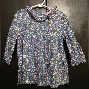 Bisby Floral Blue Kids Shirt Size 8 With Ruffle Neck And Peasant Sleeves